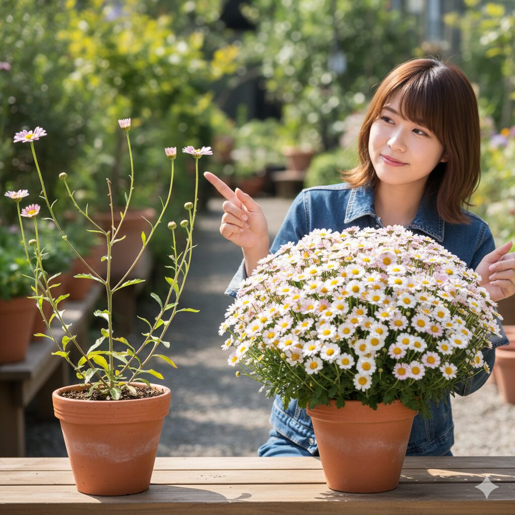 ピンチ(摘芯)不要のボンザマーガレットと従来のマーガレットの成長比較図