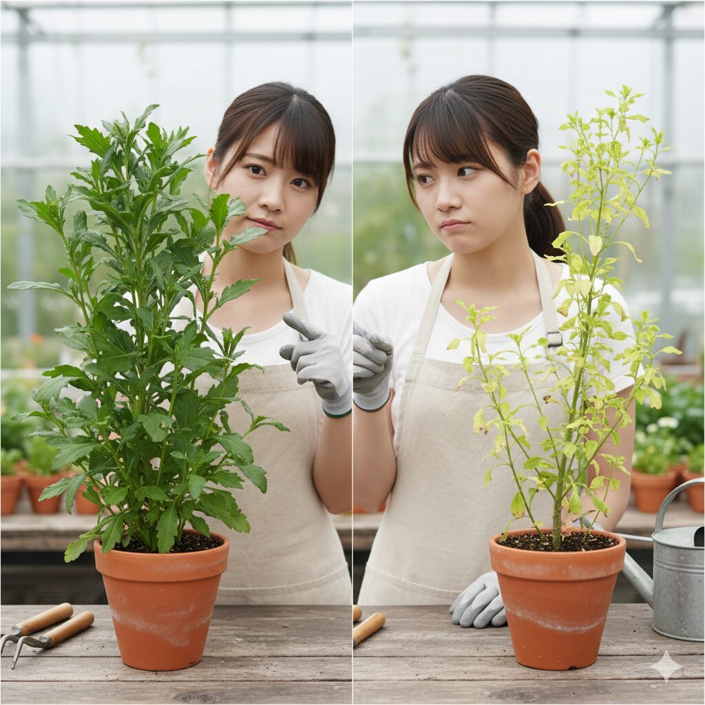 ボンザマーガレットの良い苗(がっしりしている)と悪い苗(徒長している)の比較