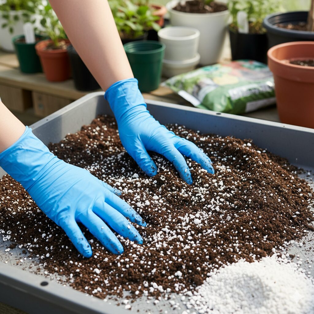ボンザマーガレットの土作り:市販の培養土にパーライトを混ぜて水はけを良くする様子
