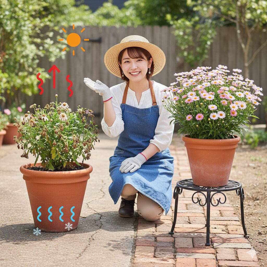 ボンザマーガレットの置き場所:コンクリート直置き(悪い例)とフラワースタンド使用(良い例)の比較