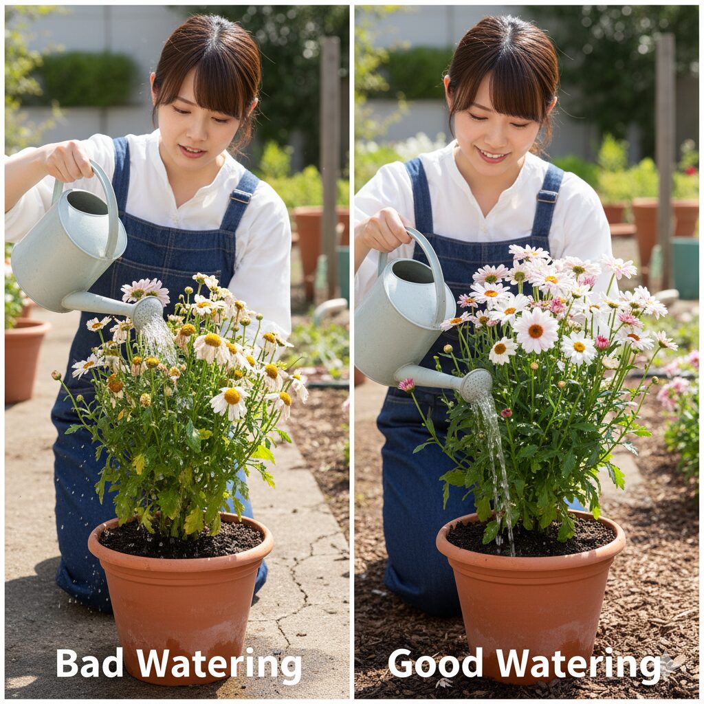 ボンザマーガレットの水やり:株元にあげる良い例と花の上からかける悪い例