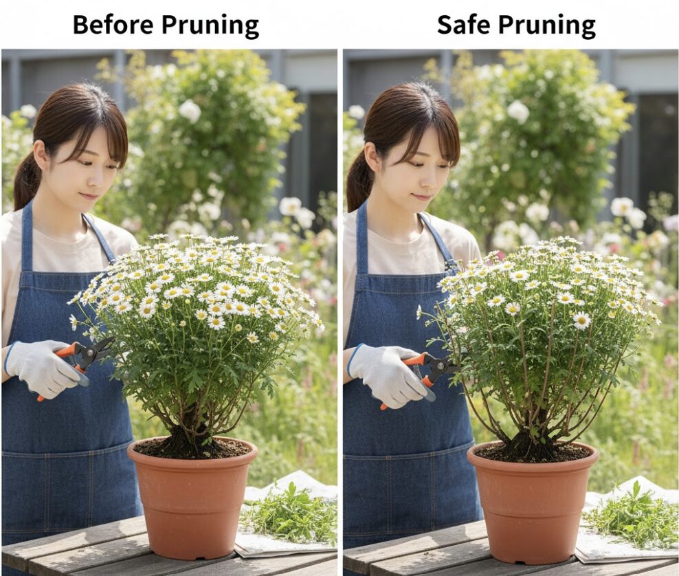 ボンザマーガレットの切り戻し:安全な位置(葉を残す)と危険な位置(木質化部分のみ)の比較