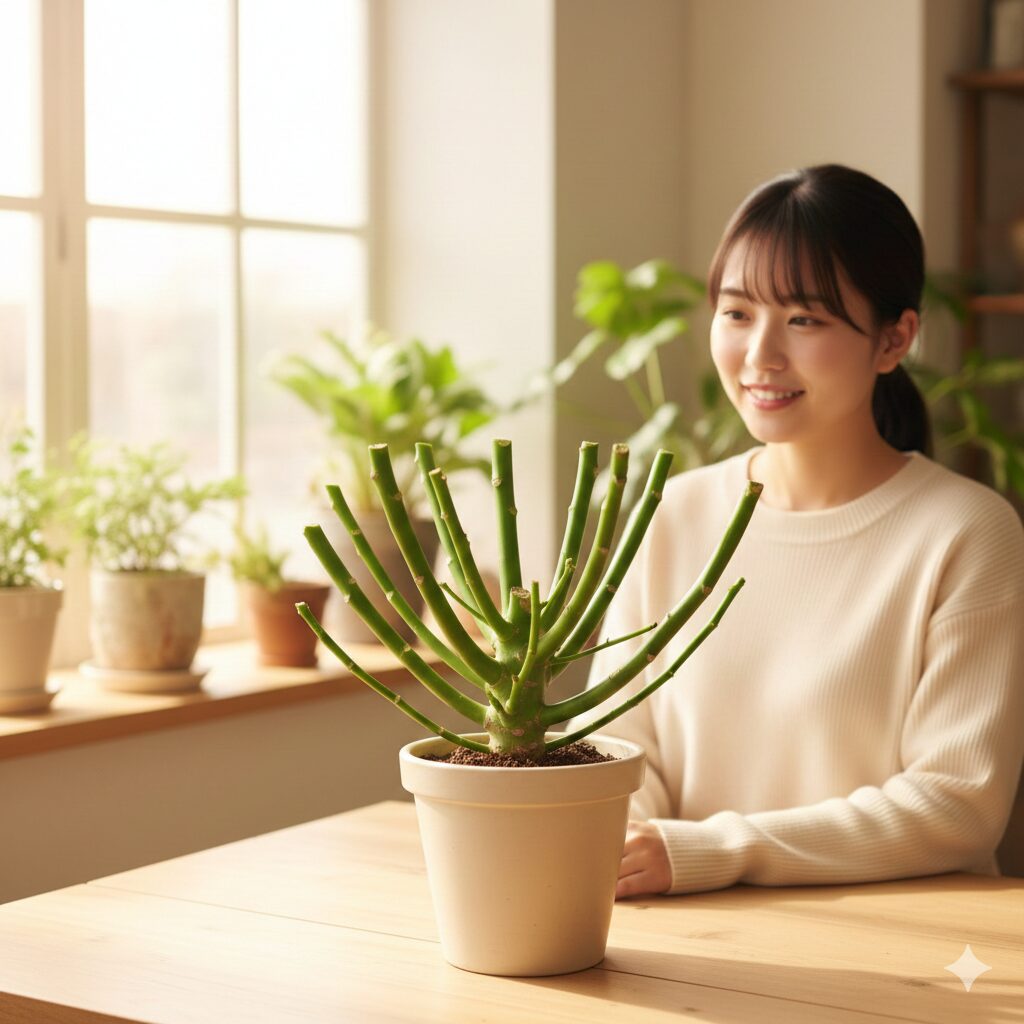 剪定直後の葉がない丸坊主状態のポインセチアの健康な茎