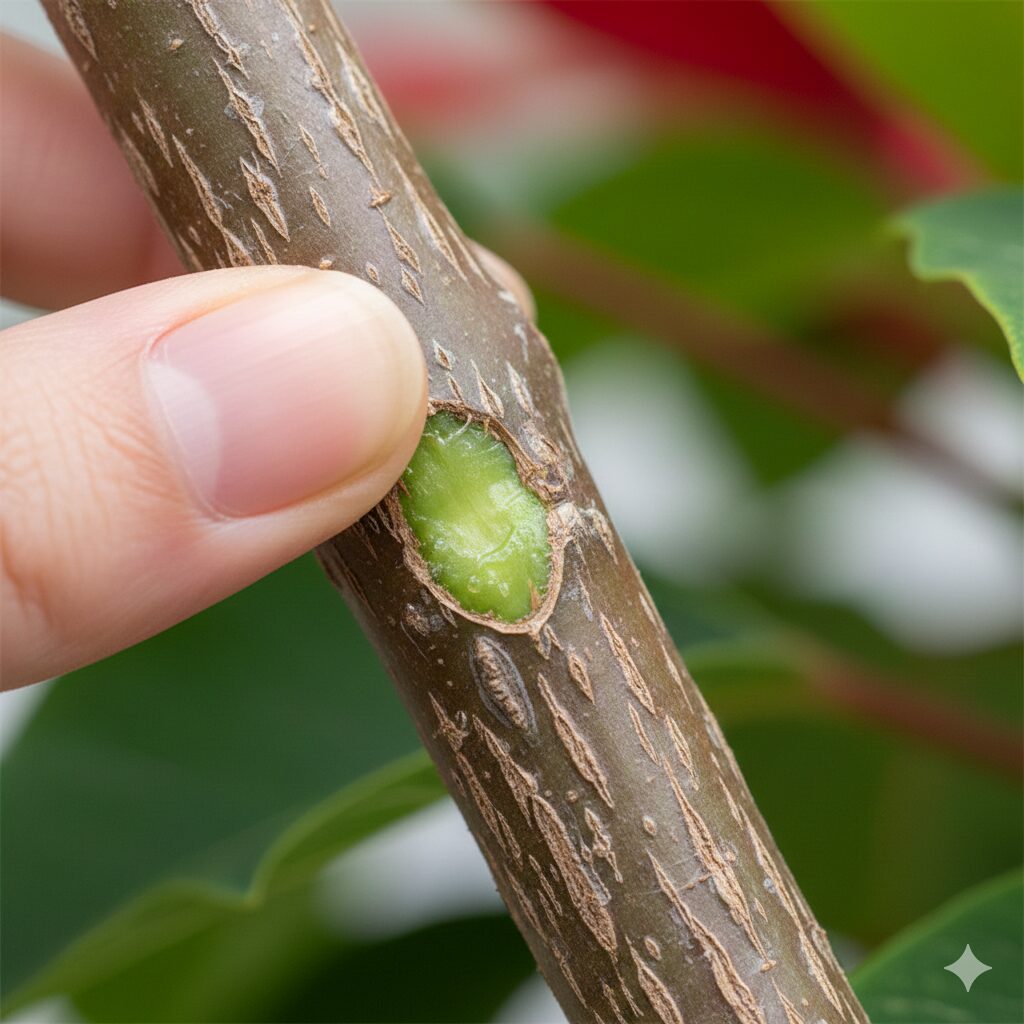 ポインセチアの茎を削って緑色の層を確認する生存チェックの方法