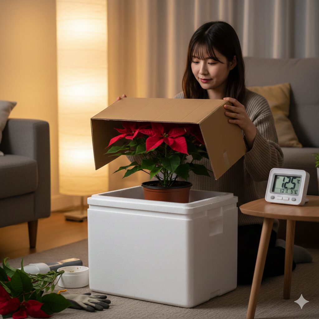 ポインセチアの冬越し対策として発泡スチロールやダンボールで保温する様子