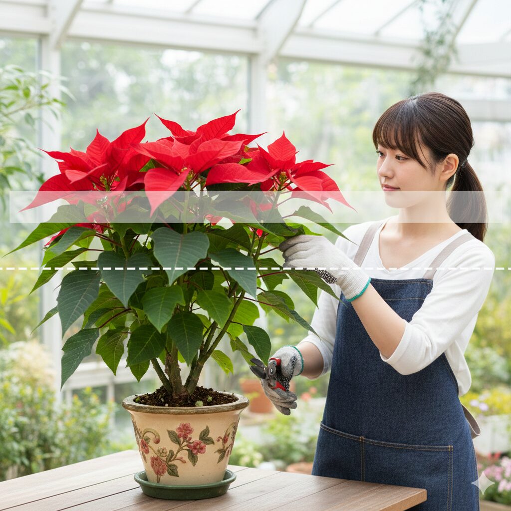 ポインセチアの切り戻し位置の目安（株の高さの1/3を残す図解）