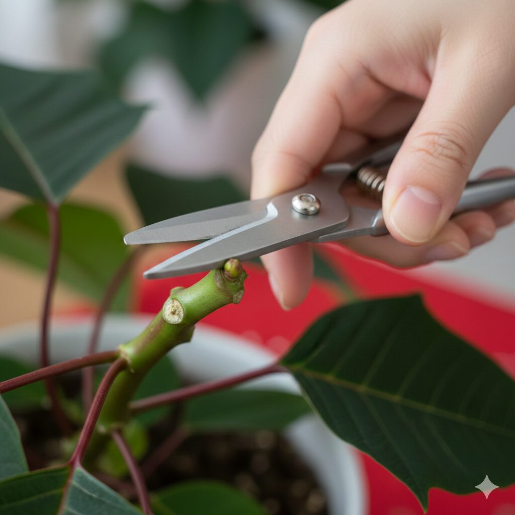 ポインセチアの節（ふし）の位置確認と正しい剪定ポイントの拡大写真