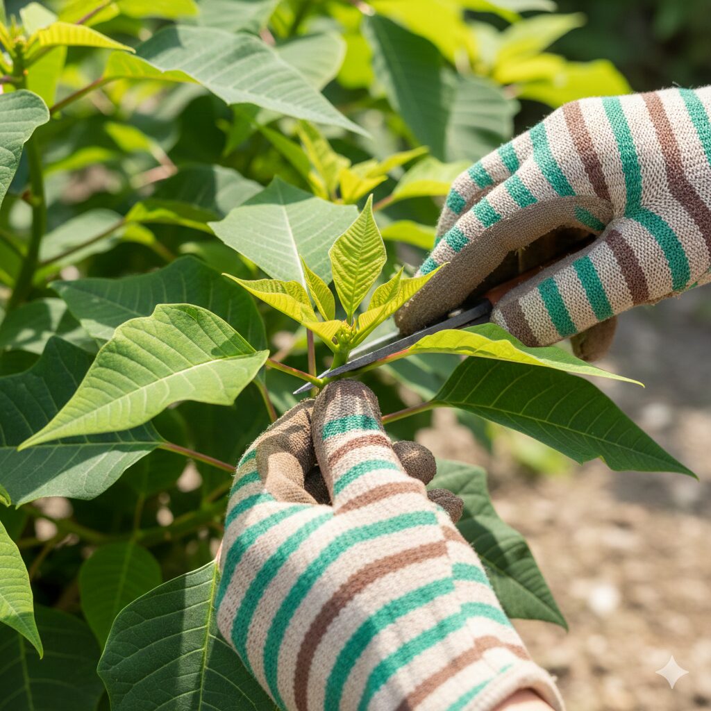 初夏に行うポインセチアの摘心（ピンチ）で新芽の先端を摘む様子