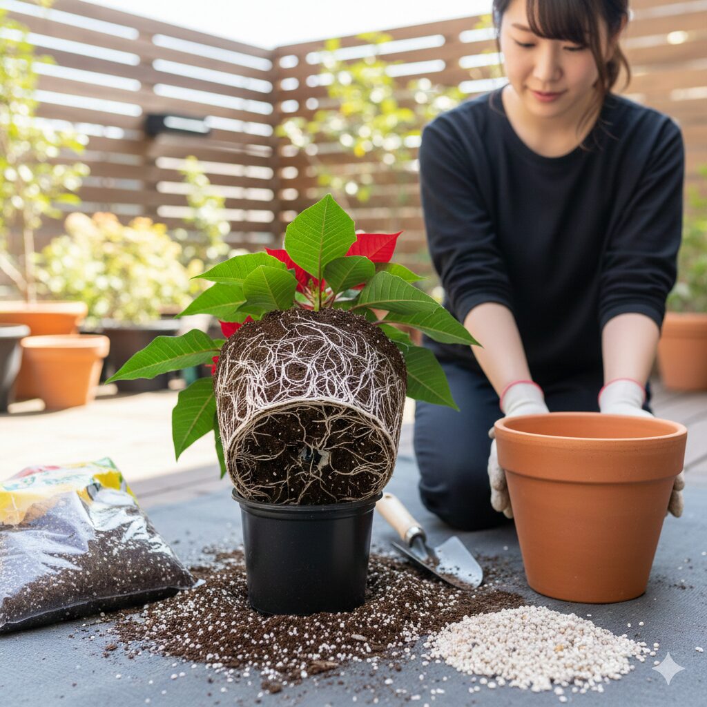 鉢から抜いたポインセチアの根の状態と植え替えに必要な土と道具
