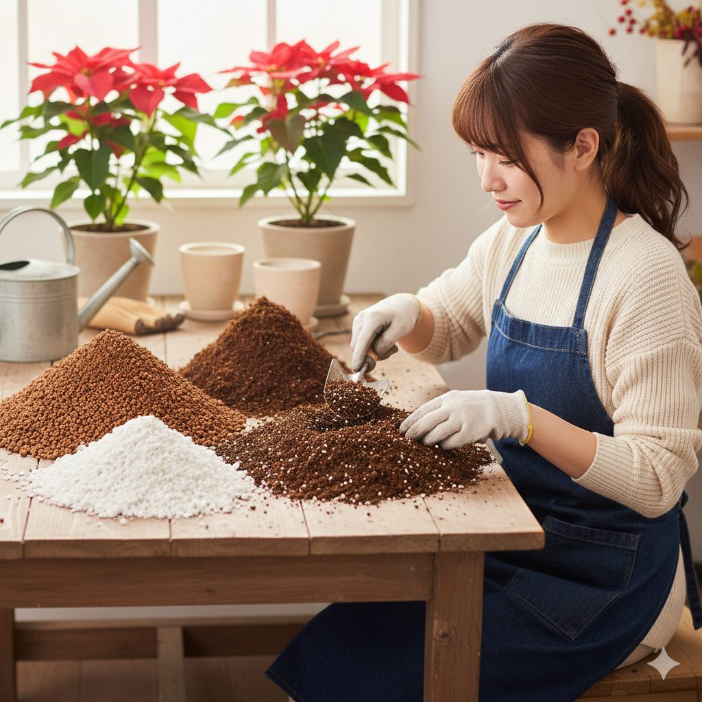 ポインセチアの根腐れを防ぐための水はけの良い用土の配合（赤玉土・ピートモス・パーライト）