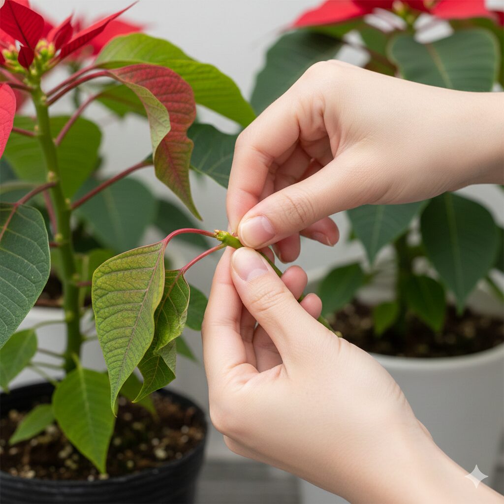 ポインセチアの水切れと根腐れを見分けるために茎の硬さを指で触診している様子