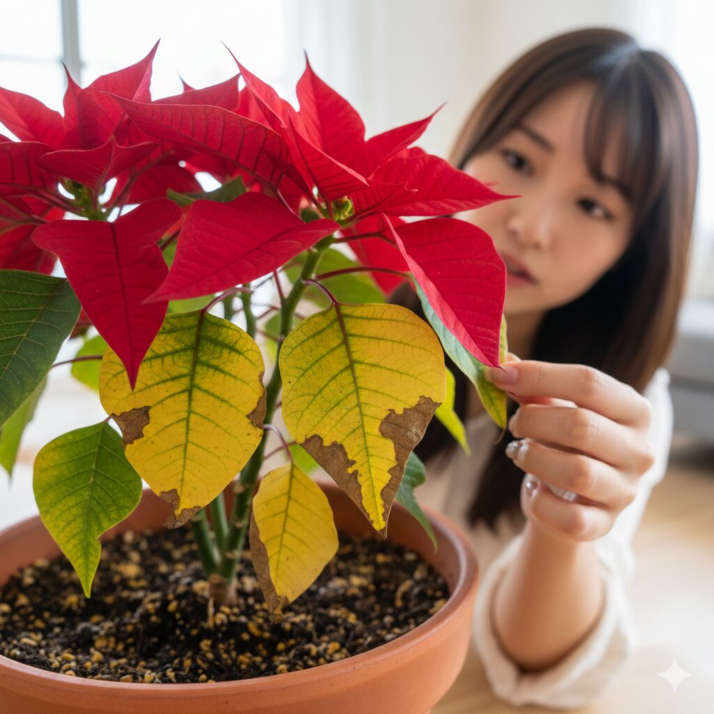 根腐れや肥料焼けのサインとして下の方の葉が黄色く変色したポインセチア