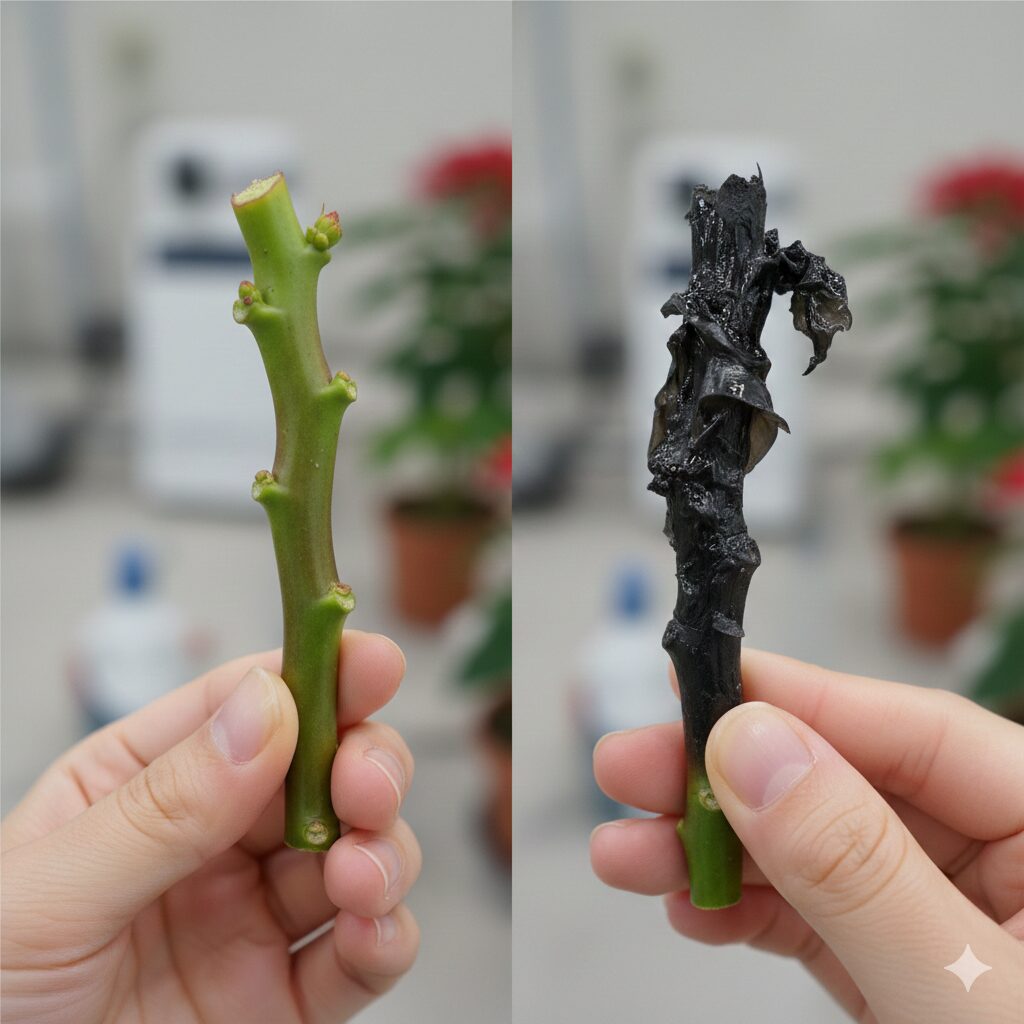 復活が困難な状態を示す、根元から黒く変色し壊死してしまったポインセチアの茎