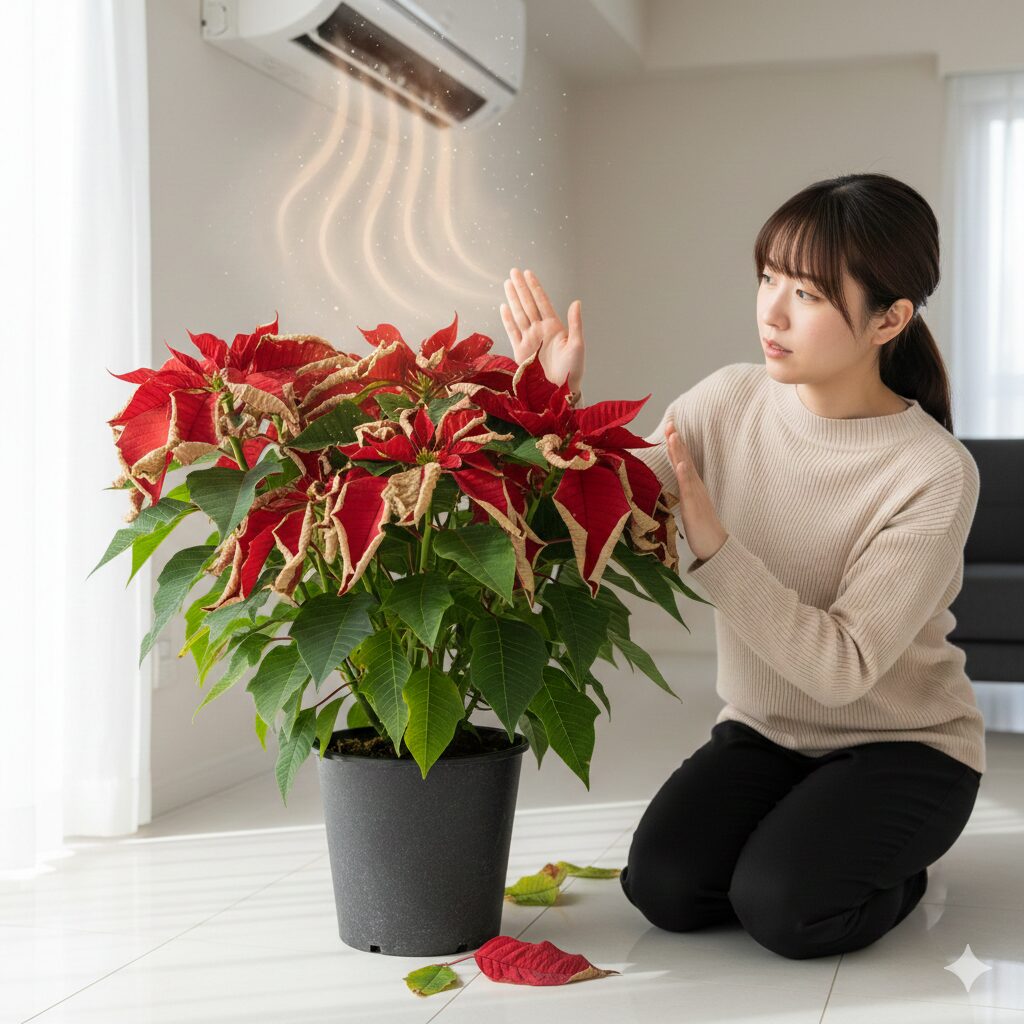 エアコンの温風が直接当たる場所に置かれ、葉が乾燥してパリパリになったポインセチア（ドライスポット）