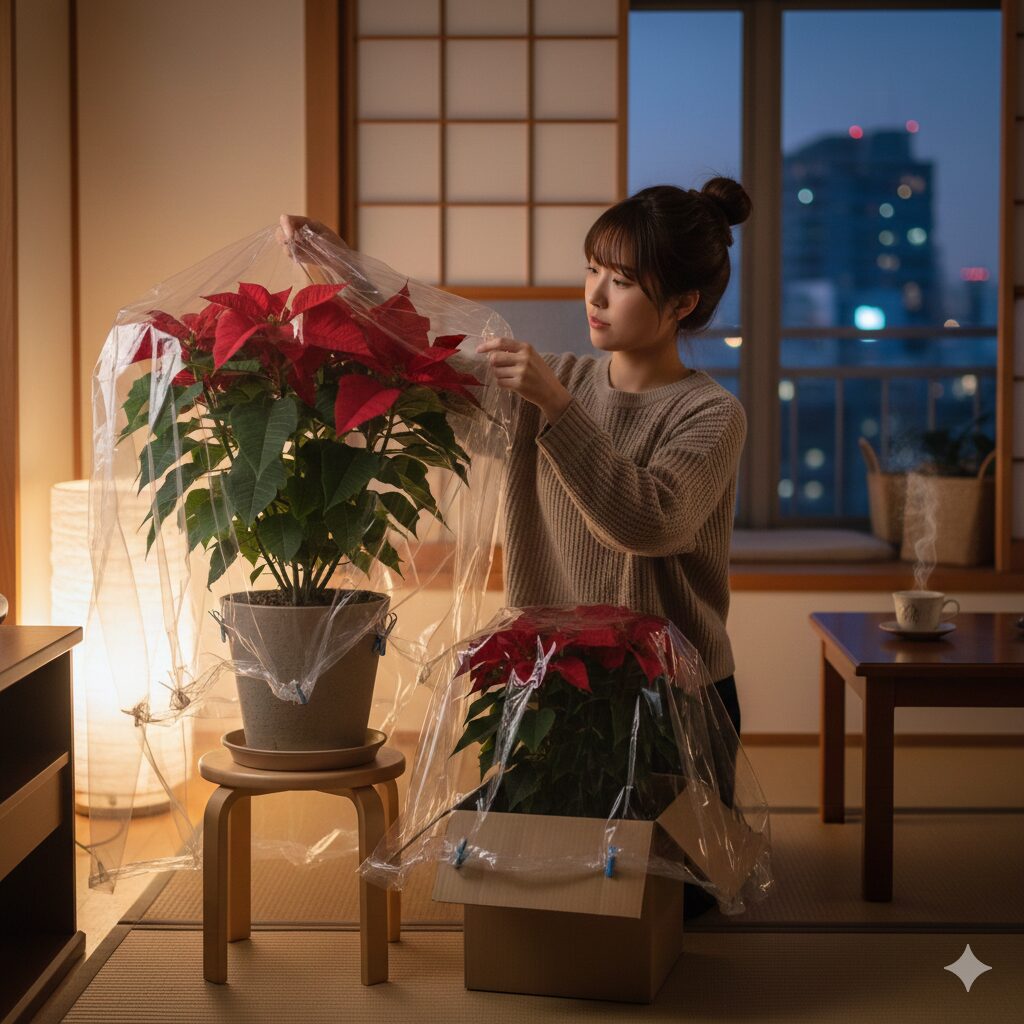 ポインセチアを夜間の寒さから守るために段ボールやビニール袋で覆う防寒対策の様子