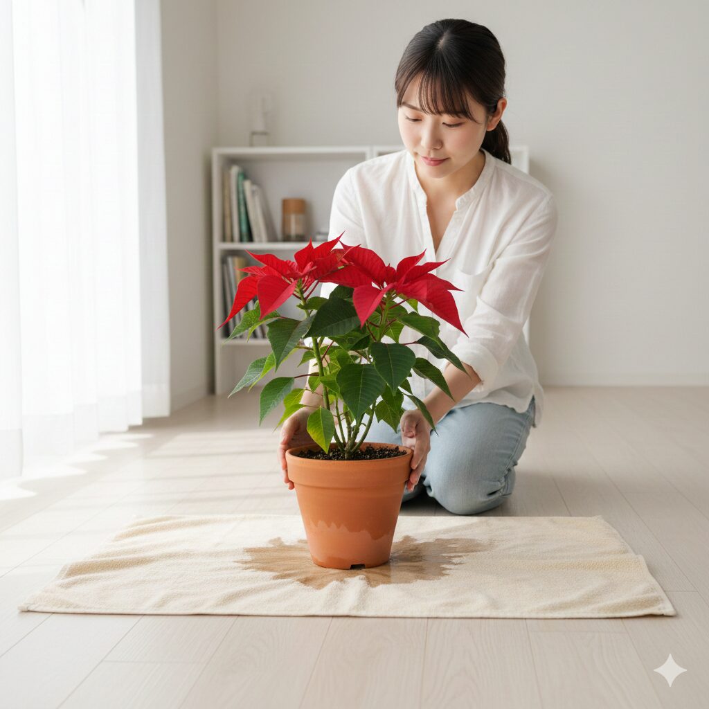 根腐れ防止の裏技：水やり後に乾いたタオルの上に鉢を置き、余分な水分を吸い取らせている様子