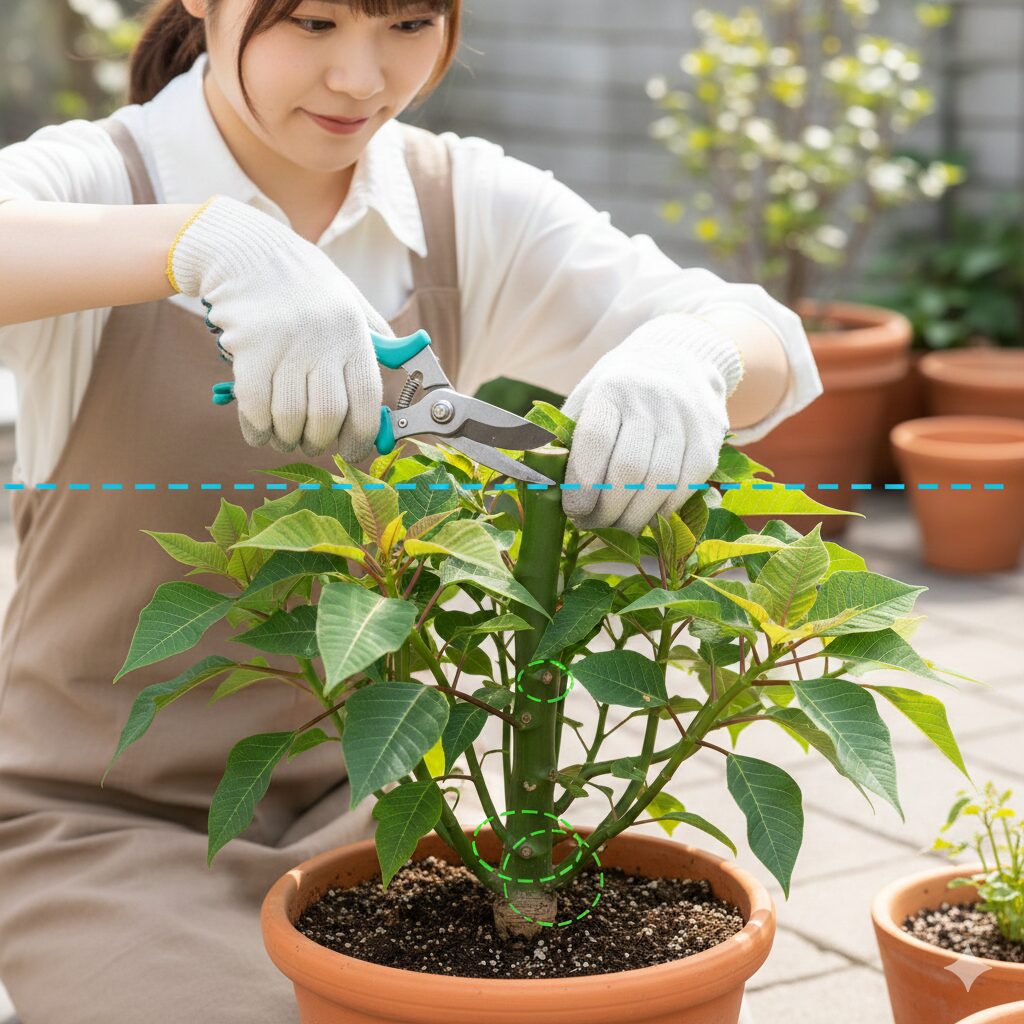 春に行うポインセチアの切り戻し剪定の位置と高さを解説した図解