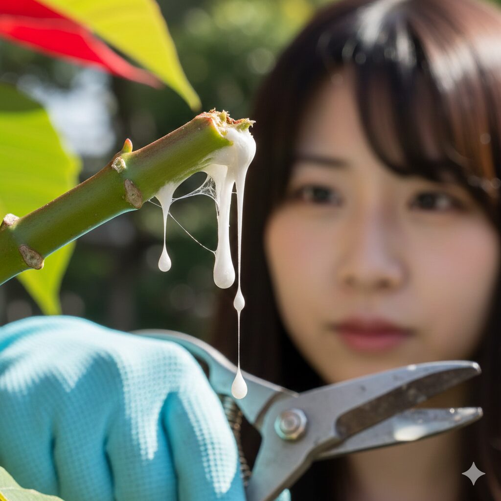 ポインセチアの切り口から出る毒性のある白い樹液と、保護手袋を着用した剪定作業の様子