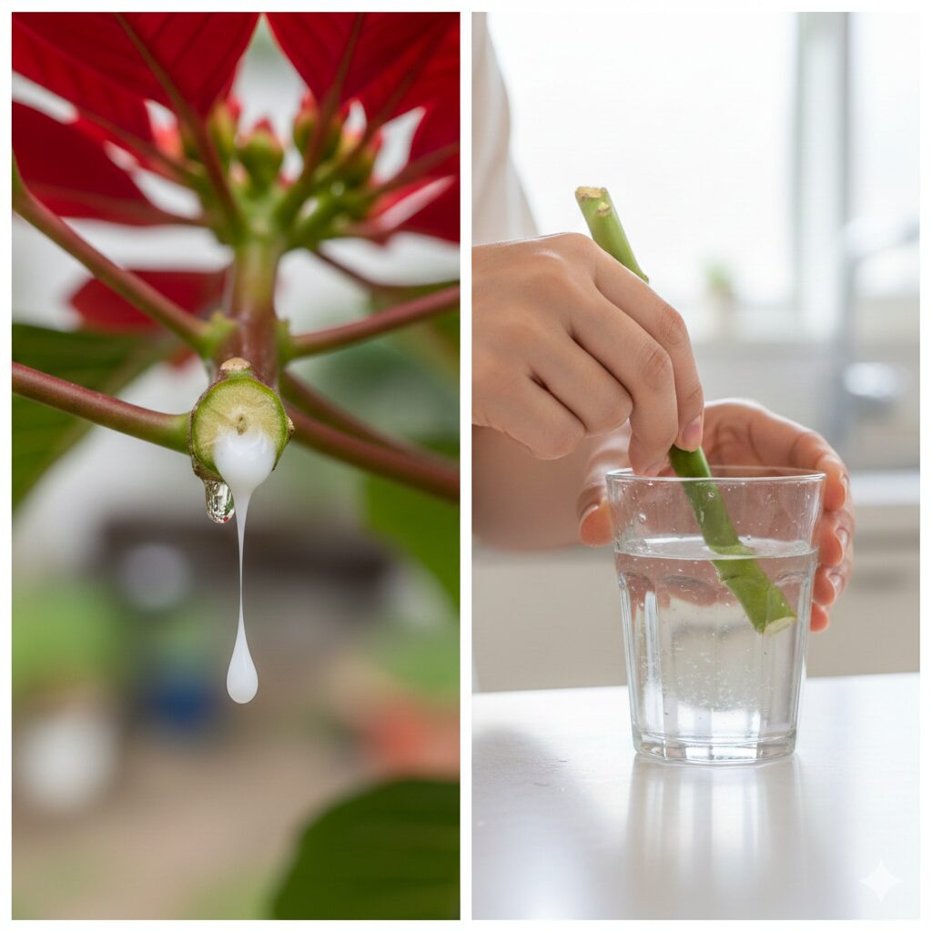 ポインセチアの切り口から出る白い樹液と水洗いによる処理方法