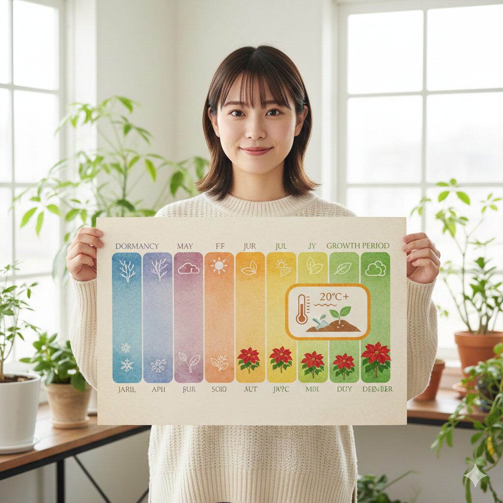 ポインセチアの年間生育サイクルと気温20℃以上の植え替え適期（5月〜7月）を示すカレンダー