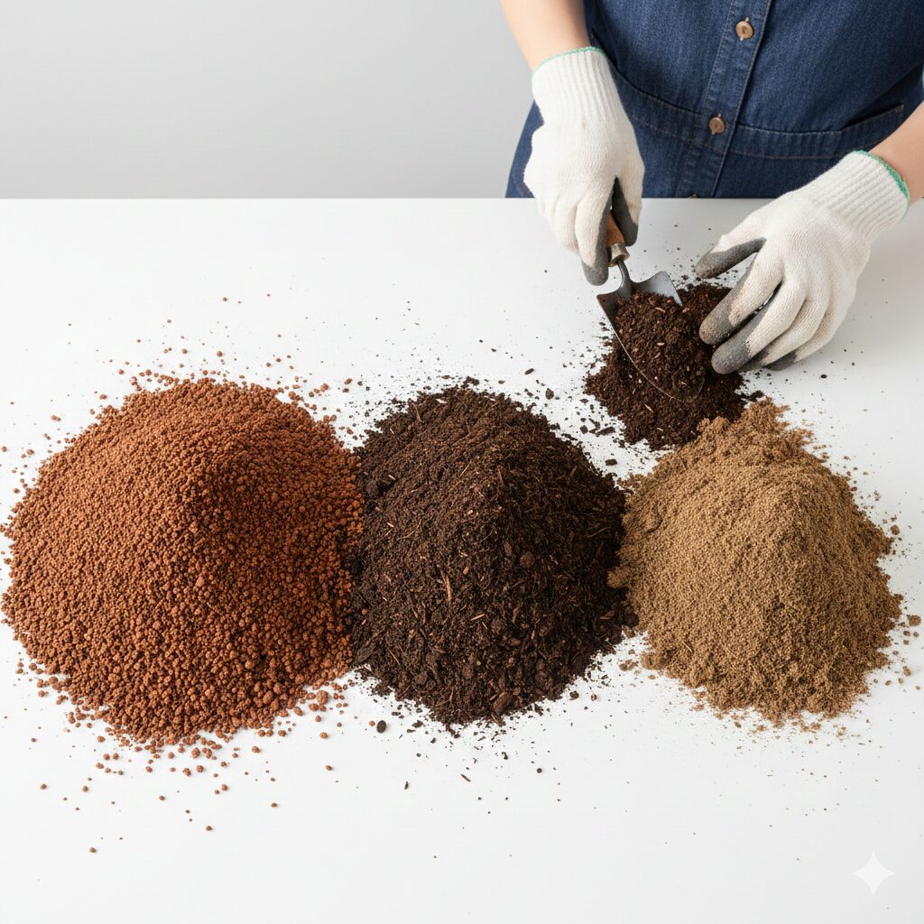 ポインセチア用土の配合比率（赤玉土中粒5：腐葉土3：ピートモス2）の実物写真