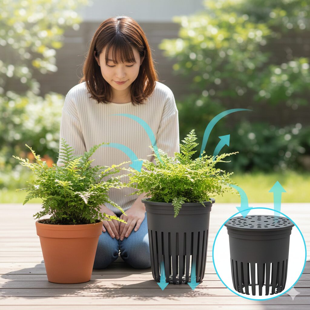 根腐れ防止と排水性に優れたスリット鉢の構造と通常の鉢との比較