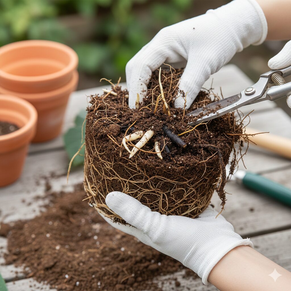 鉢の側面を叩いてポインセチアの株を傷つけずに引き抜く植え替え作業の手順