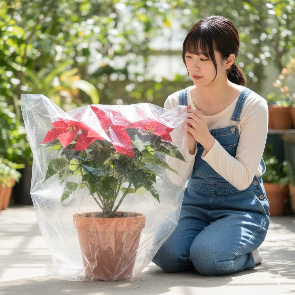 植え替え後のしおれ対策として透明ビニール袋を被せて保湿する簡易温室の方法