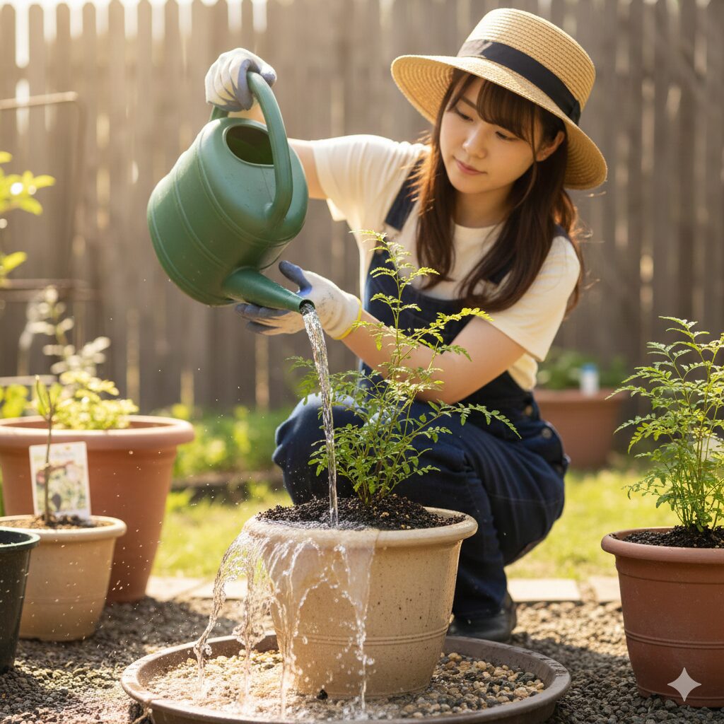 植え替え直後の水やりで鉢底から透明な水が出るまで微塵を洗い流している様子