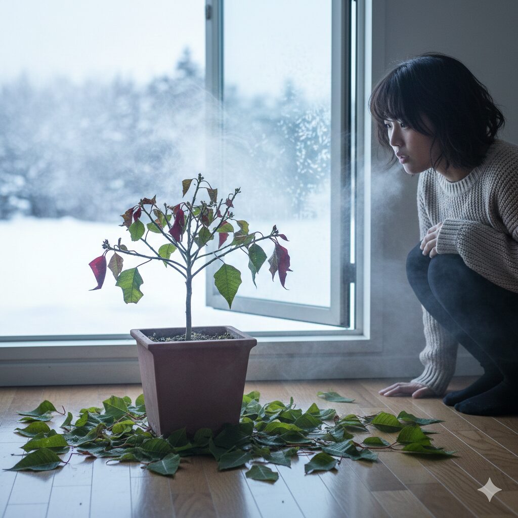 低温ショックで緑の葉が落ちてしまったポインセチアの鉢植え