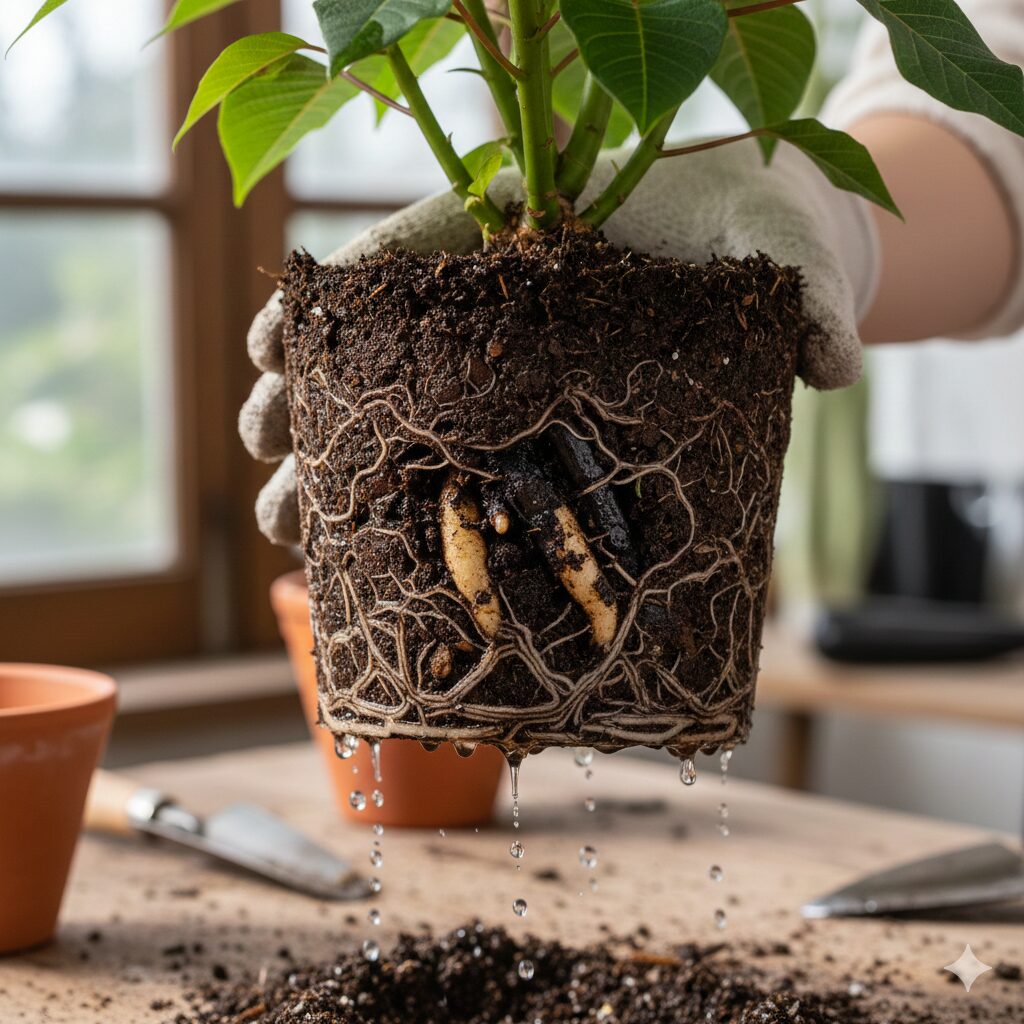 根腐れを起こし黒く変色したポインセチアの根