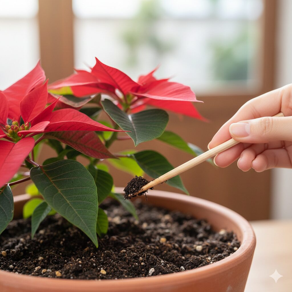 割り箸でポインセチアの土の乾燥具合を確認する方法