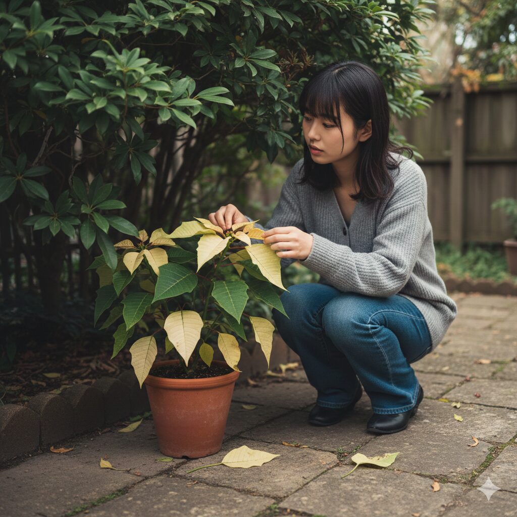 日光不足で下葉が黄色く変色し落葉しているポインセチア