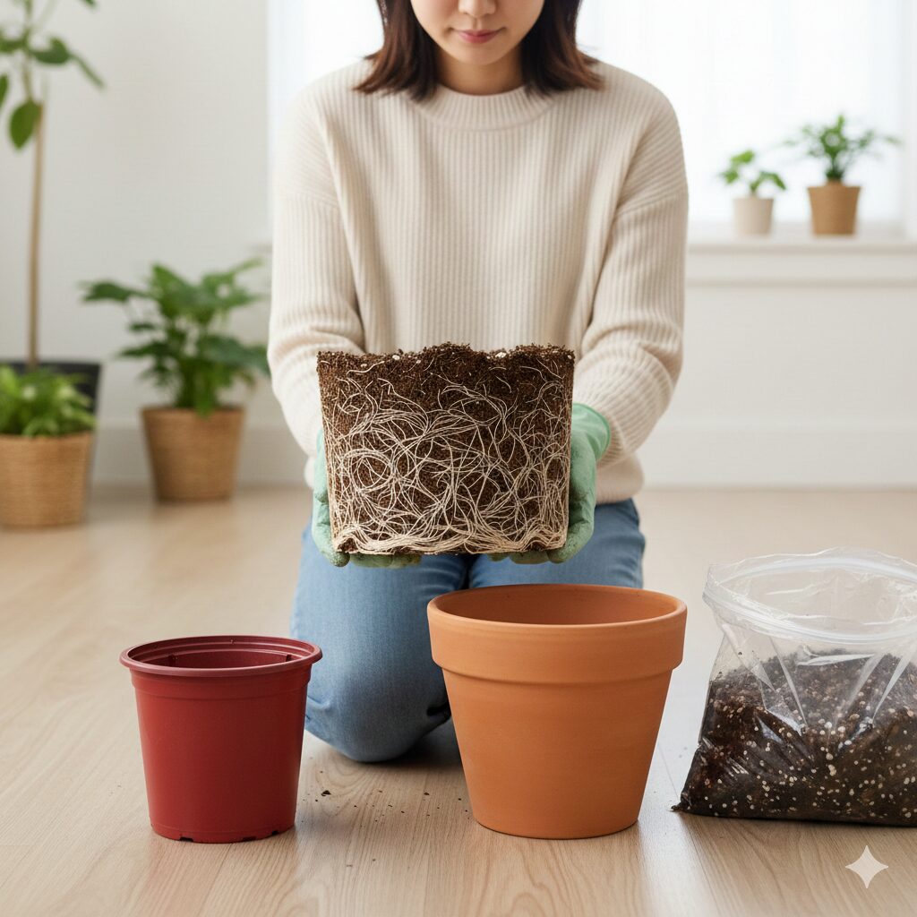 根詰まりを起こしたポインセチアの根鉢と新しい植え替え用土