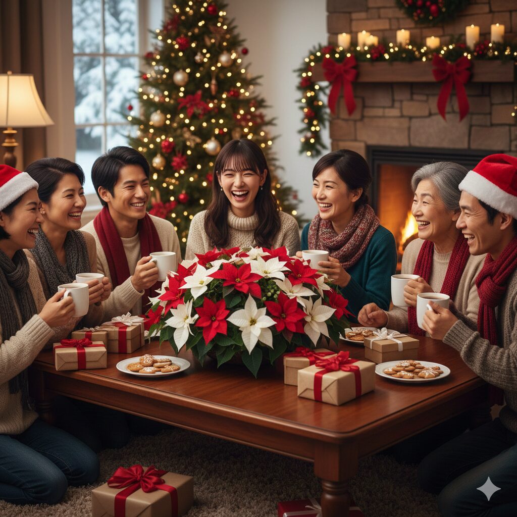 ポインセチアを囲んで笑顔でクリスマスを過ごす家族（または友人）の温かい風景