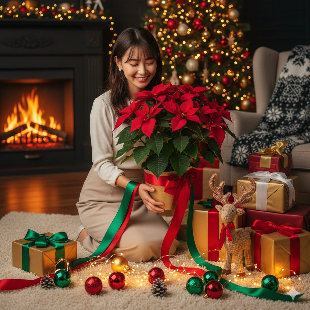 「祝福」の花言葉を持つ赤いポインセチアとクリスマスプレゼントの華やかなイメージ写真