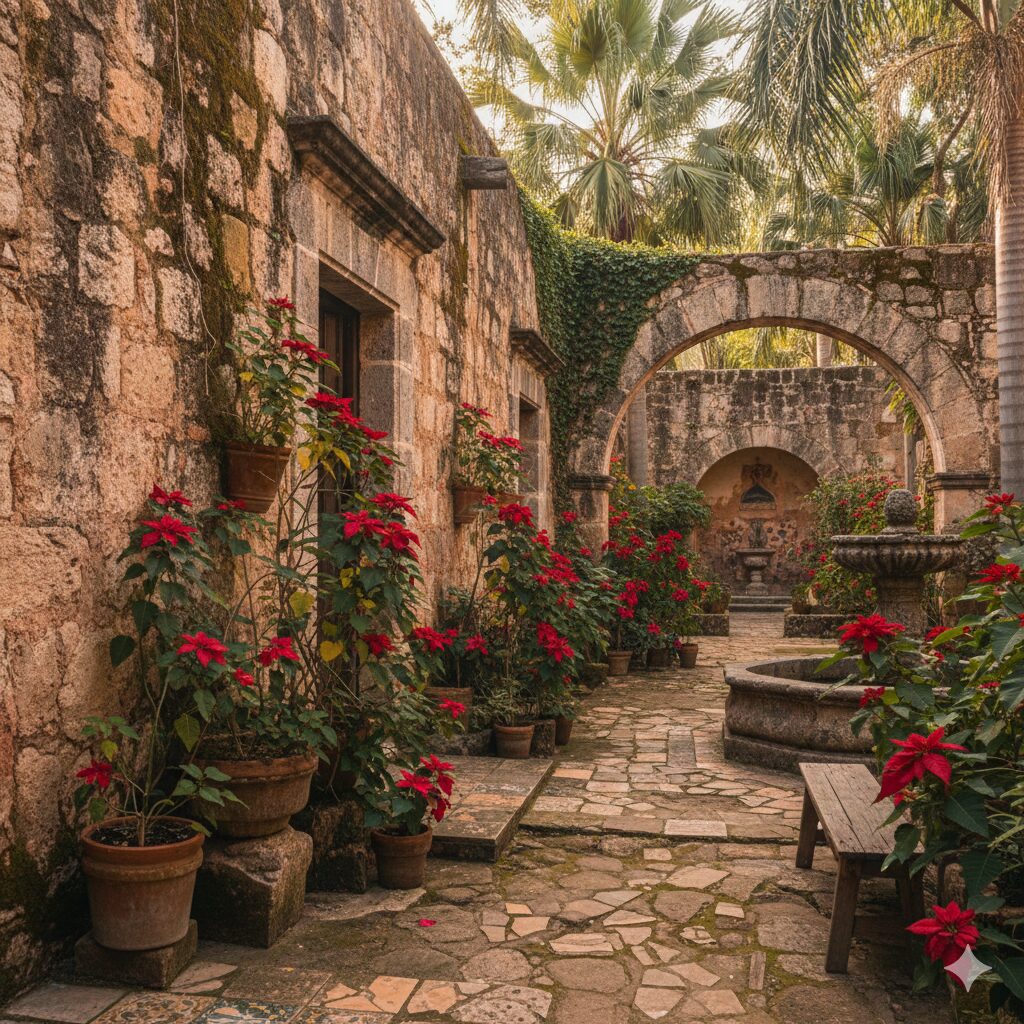 ポインセチアの原産国メキシコの歴史的な風景と花（苞）の様子