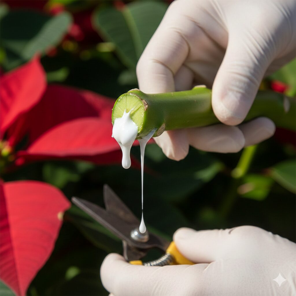 ポインセチアの茎から白い樹液（乳液）が出ている状態とゴム手袋をした手のクローズアップ