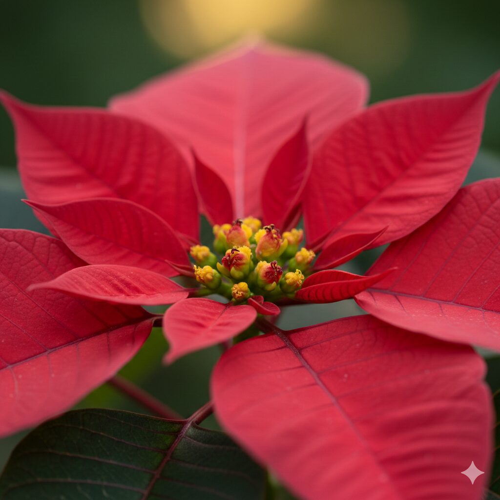 ポインセチアの赤い苞（ほう）と中央にある小さな黄色い花（杯状花序）のマクロ写真