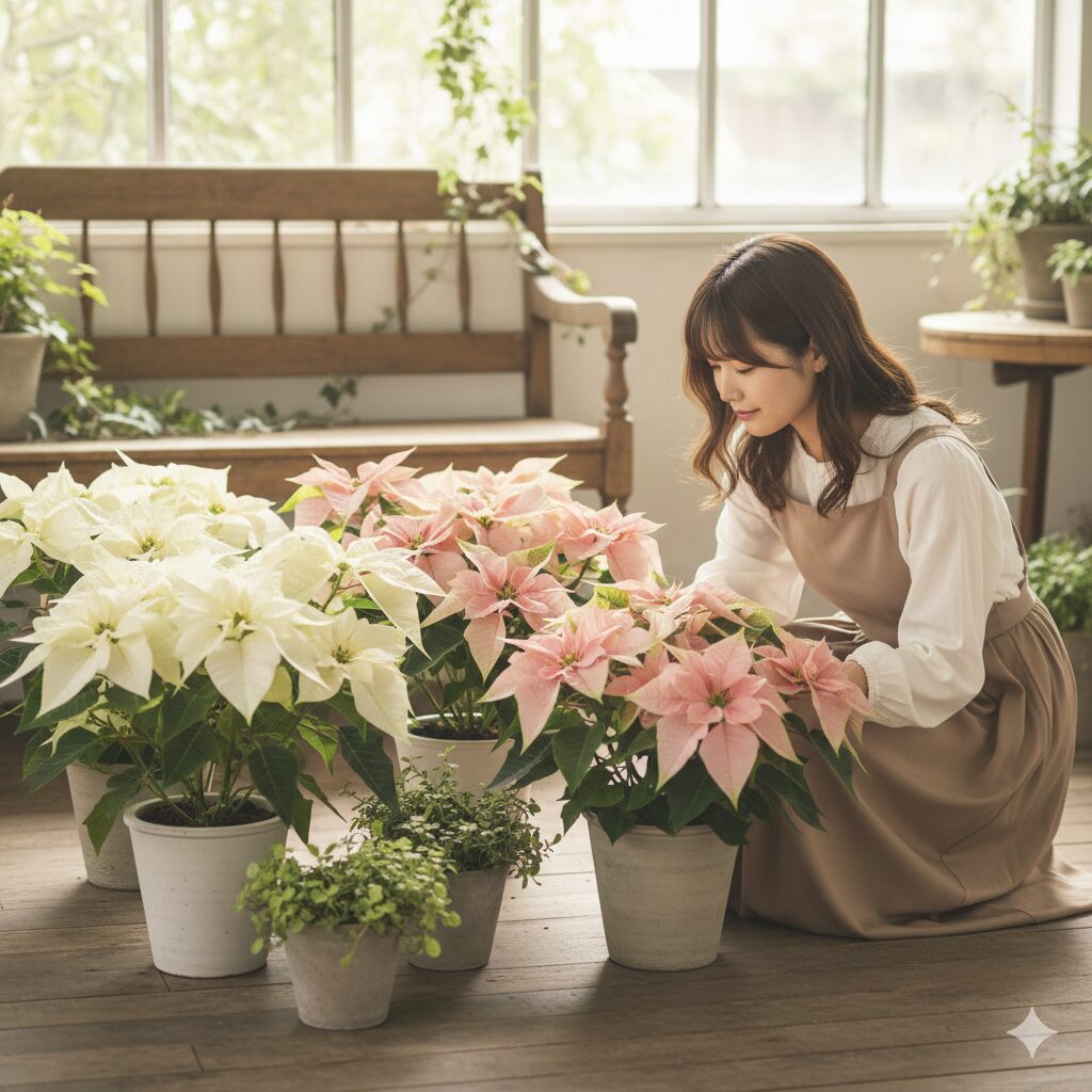 白いポインセチアとピンク色のポインセチアが並んだ多色品種のイメージ