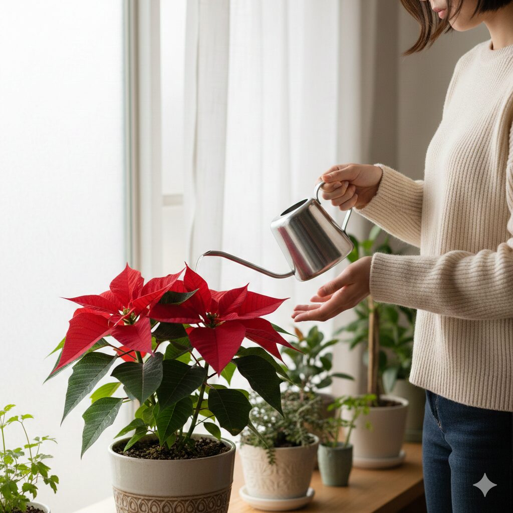 室内で窓際の日当たりの良い場所に置かれたポインセチアの鉢植えと水やり用のジョウロ