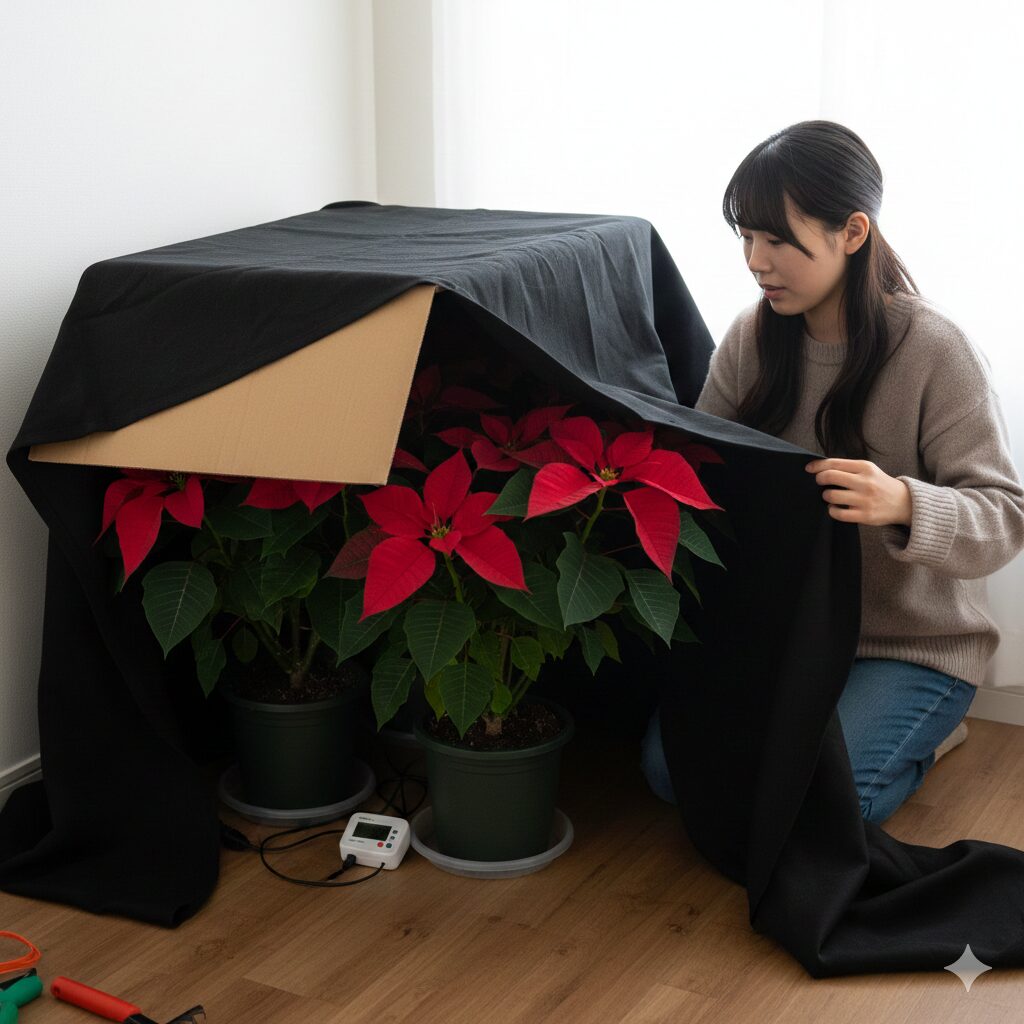 ポインセチアの鉢に短日処理のために段ボール箱を被せて遮光している様子