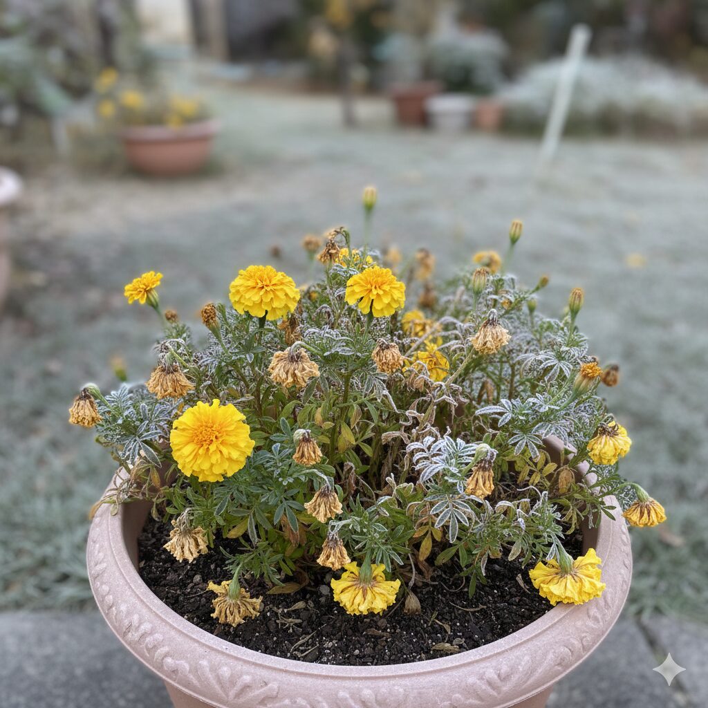 マリーゴールド 何月　霜で傷んで茶色くなったマリーゴールドの様子。マリーゴールドの開花は霜が降りる11月頃に終了することを示す写真。