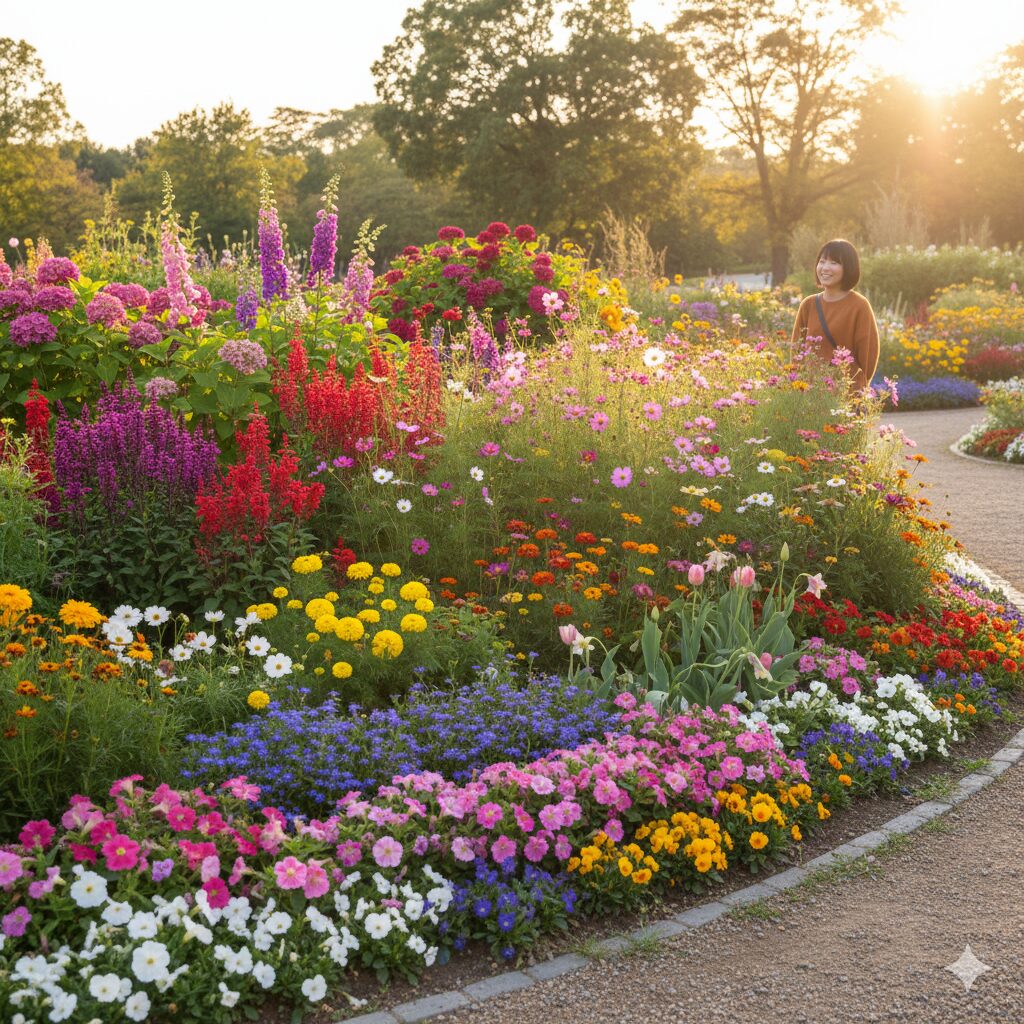 マリーゴールド 何月　5月から11月までの長期開花を実現するために、時期をずらして植えられた二期作リレー栽培のマリーゴールドの花壇の全景。