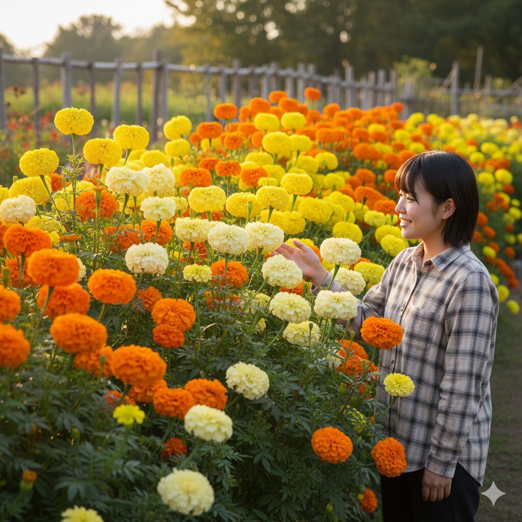 マリーゴールド 何月　草丈が高く（約60cm）、大型の黄色い花を連続的に咲かせているアフリカンマリーゴールドの株全体の写真。