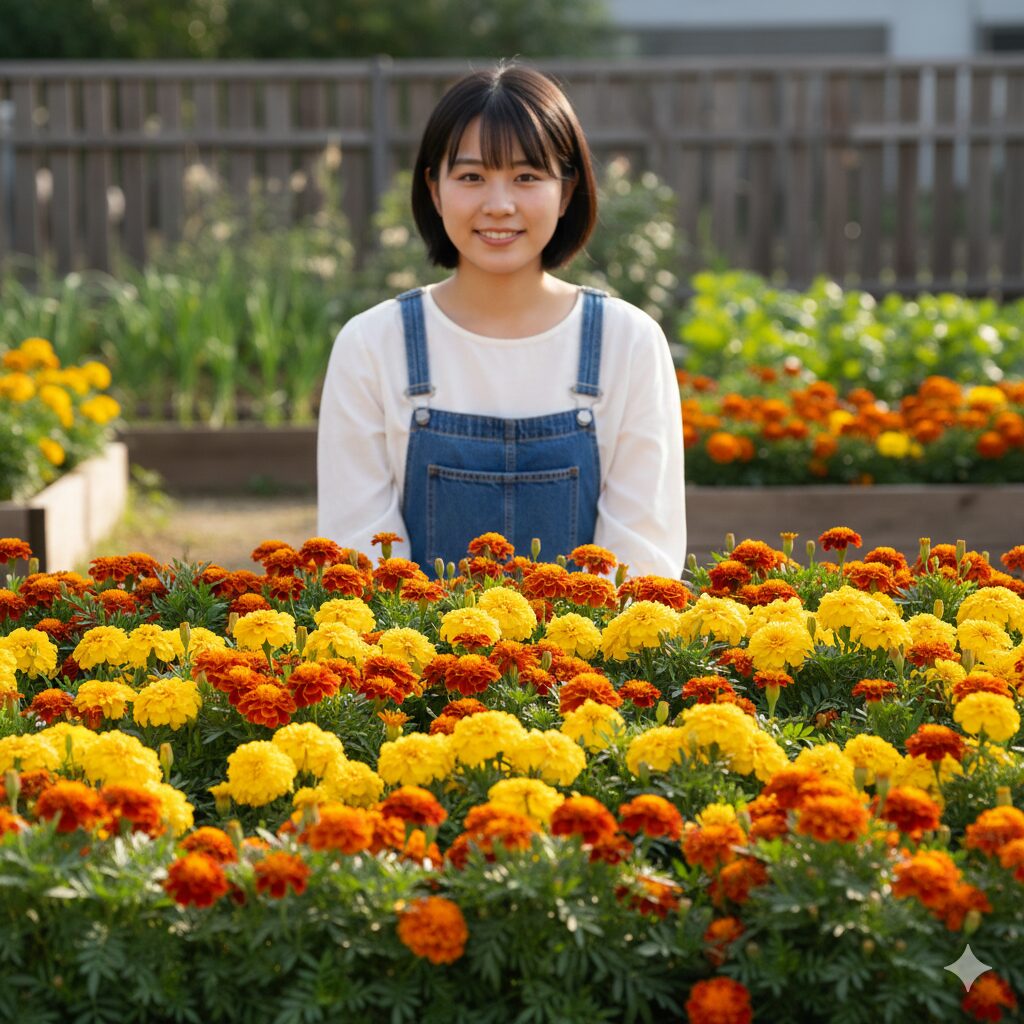 マリーゴールド 何月　草丈が低く（約25cm）、オレンジと赤の小さな花を密に咲かせているフレンチマリーゴールドの矮性種の写真。