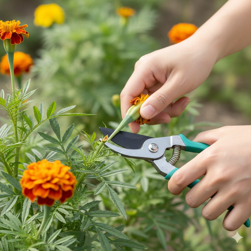マリーゴールド 何月　疲弊したマリーゴールドの株を、夏の終わりに向けて元気な葉を残して大胆に切り戻している（剪定している）作業写真。