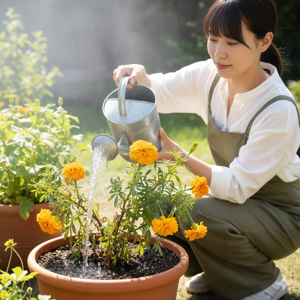 マリーゴールド 何月　真夏の水切れで葉がしおれたマリーゴールドの鉢に、水を与え水管理の徹底を促す写真。