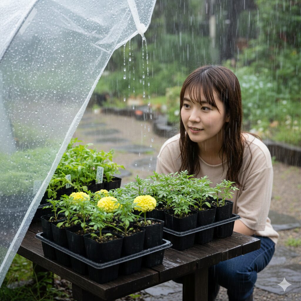 マリーゴールド 何月　梅雨の雨避けがされていない屋外で、高温多湿により立ち枯れ病のリスクがあるマリーゴールドの幼苗の育苗ポット。
