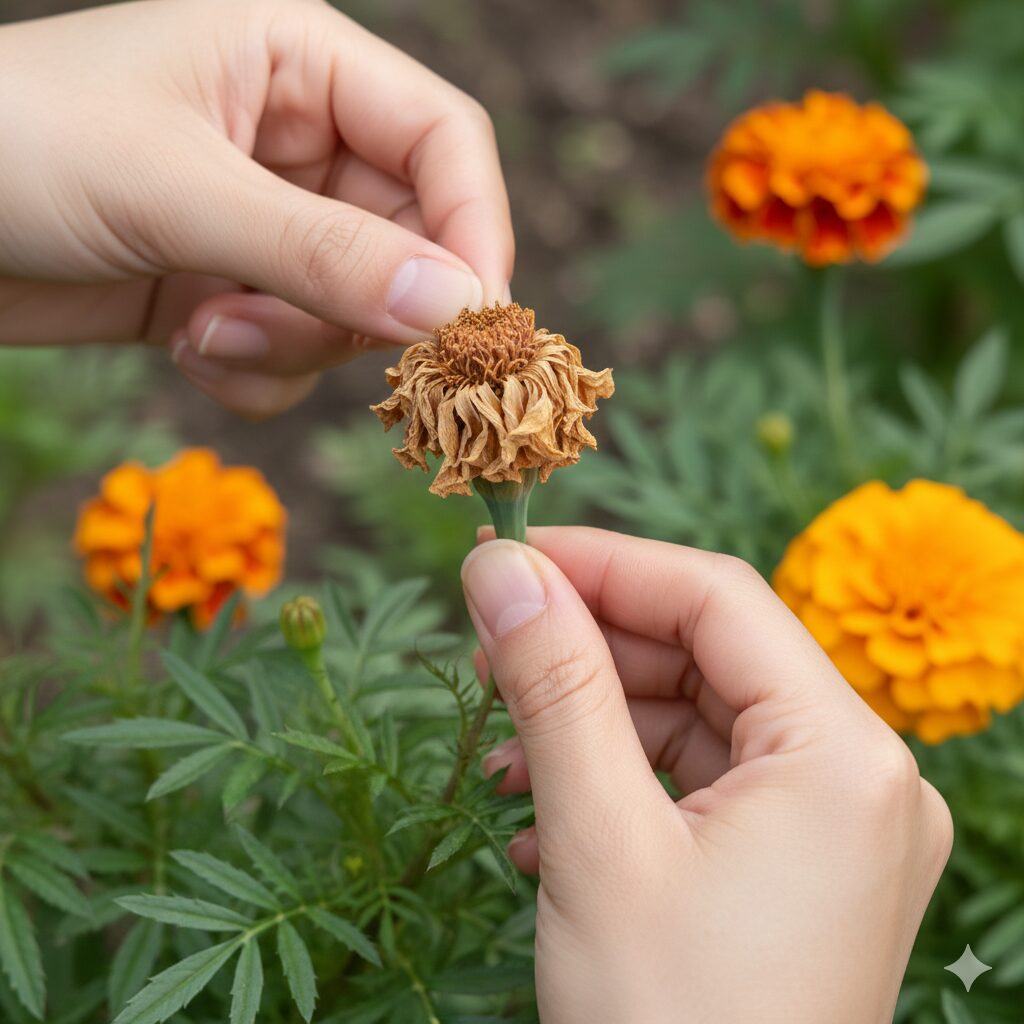 マリーゴールド 何月　咲き終わったマリーゴールドの花がらを、次の開花を促すために手で摘み取るデッドヘディング作業のクローズアップ写真。